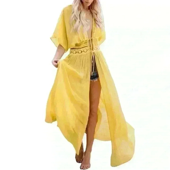 Yellow sheer pin up robe with crocheted embroidery SIZE M NWT - Picture 1 of 5